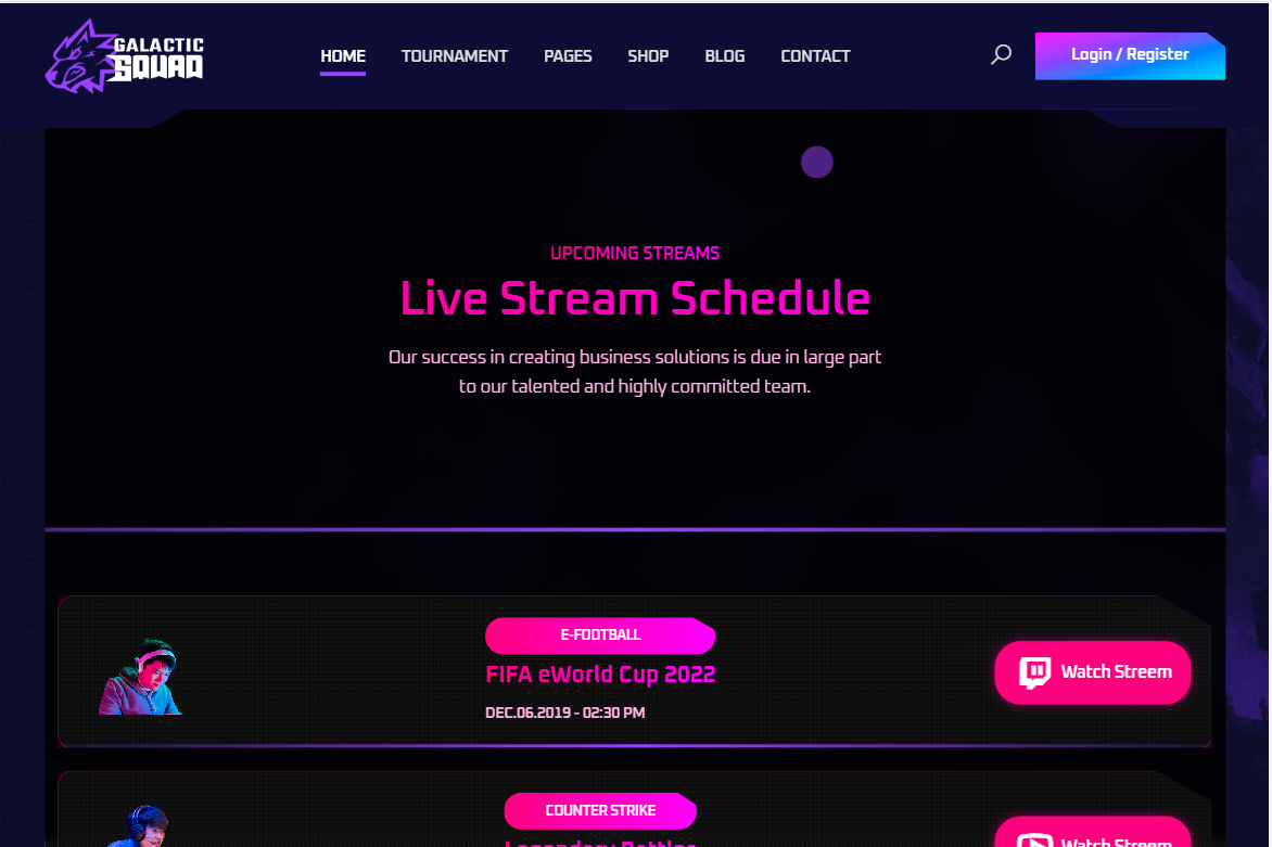 Online Tournament Platform screen
