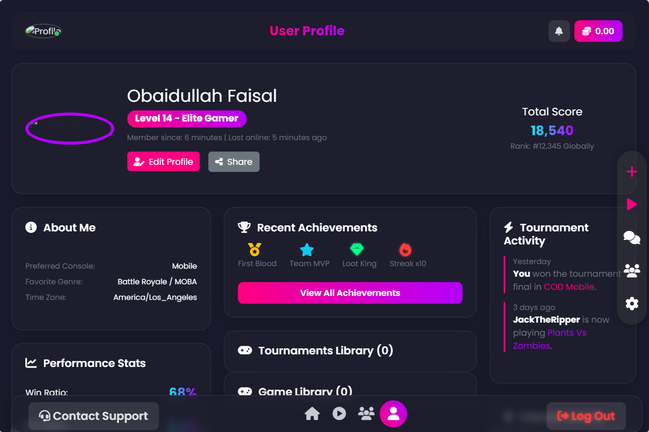 Online Tournament Platform screen